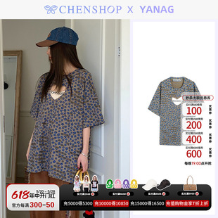 YANAG时尚爱心镂空铆钉烫钻小花印花T恤短袖女CHENSHOP设计师品牌