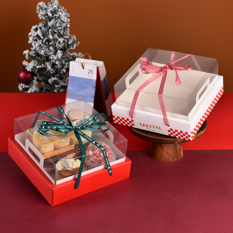 圣诞透明四宫格糕点礼品盒小蛋糕盒红色月饼盒蛋黄酥红色喜糖盒子