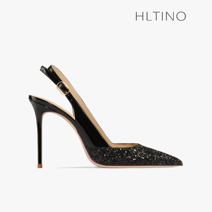 HLTINO2024春季新款黑色尖头高跟鞋一字带亮片漆皮包头凉鞋女细跟