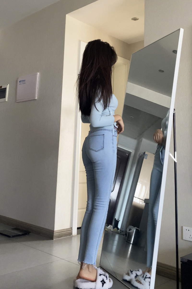 enen小脚牛仔裤女紧身弹力包臀辣妹裤子浅色高腰显瘦2022春秋新款