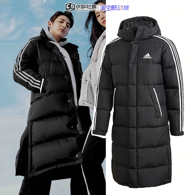adidas阿迪达斯冬季长款黑色连帽保暖加厚羽绒服gf0070 gk0665
