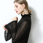 Flared sleeve mesh top 2021 autumn fashion new high-neck hollow lace shirt is thin and small shirt ladies inner wear
