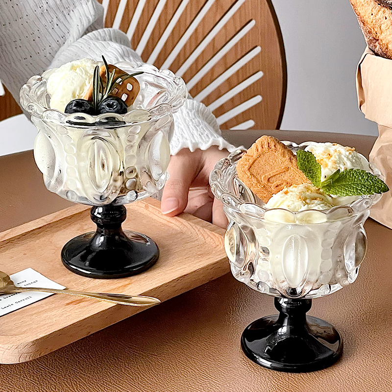 复古浮雕高脚雪糕杯 玻璃甜品杯冰淇