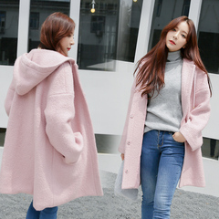 2016秋冬韩版学生连帽宽松加厚毛呢外套女中长款粉色羊毛呢子大衣