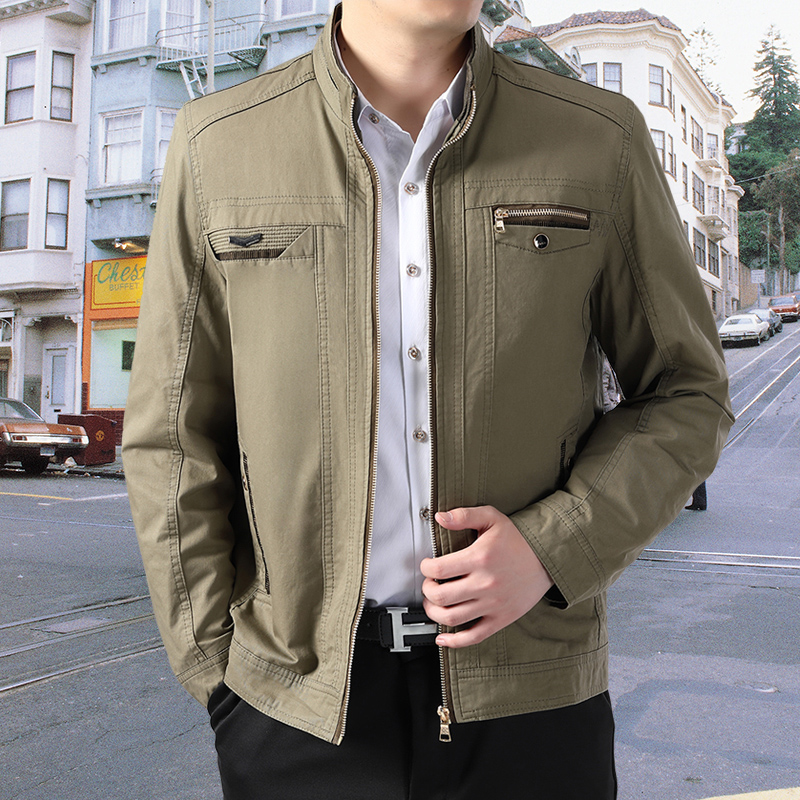 中年男士夹克衫纯棉薄款立领外套父亲春秋季中老年男装休闲爸爸装