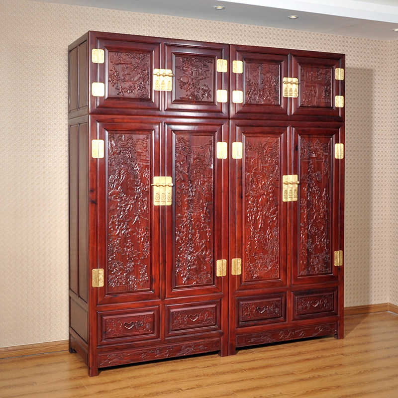 亿珍阁红木顶箱柜 非洲酸枝木 4门雕花大衣柜 中式实木家具组合