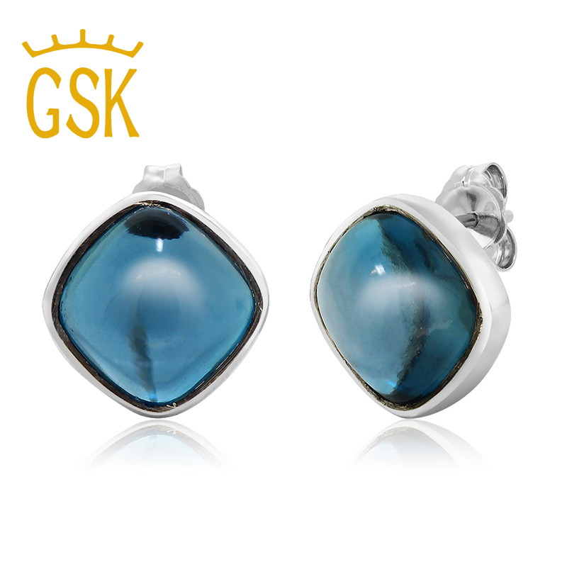 gsk5克拉伦敦蓝托帕石耳钉女夏925银光面彩色宝石耳环水晶耳饰