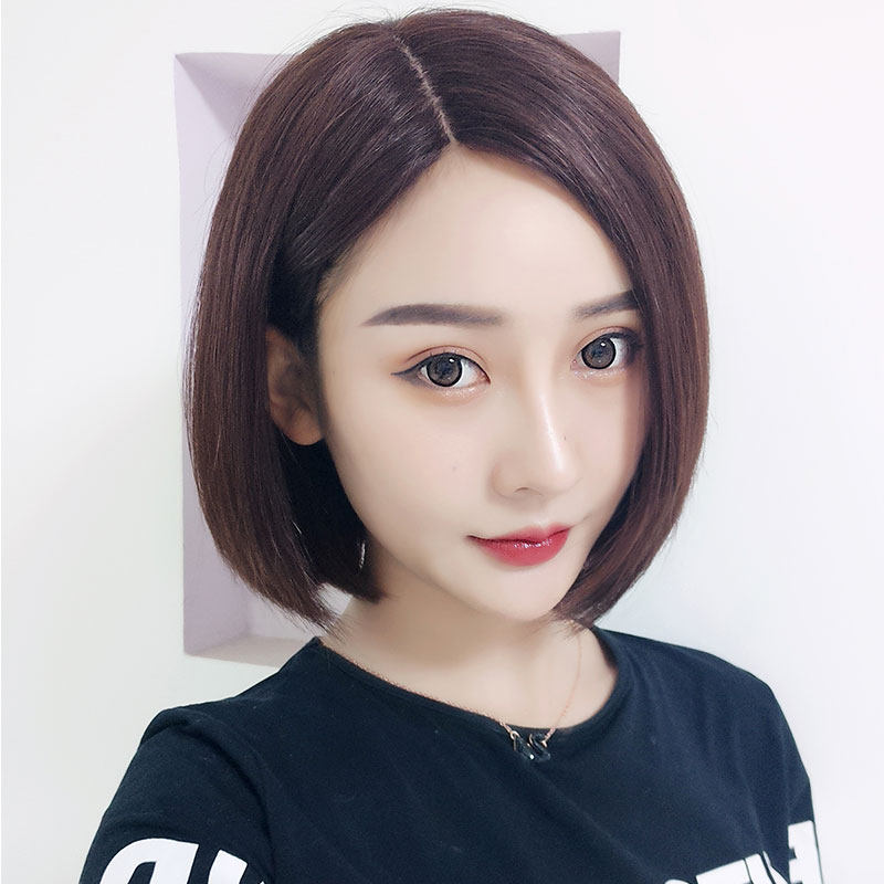 假发女短发真人发丝韩国bobo波波头中分真发偏分圆脸短直发全头套