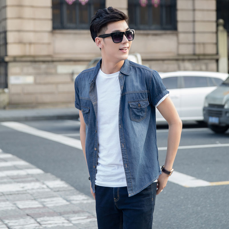 夏季牛仔短袖衬衫男修身上衣纯色韩版学生薄半袖潮休闲青少年衬衣