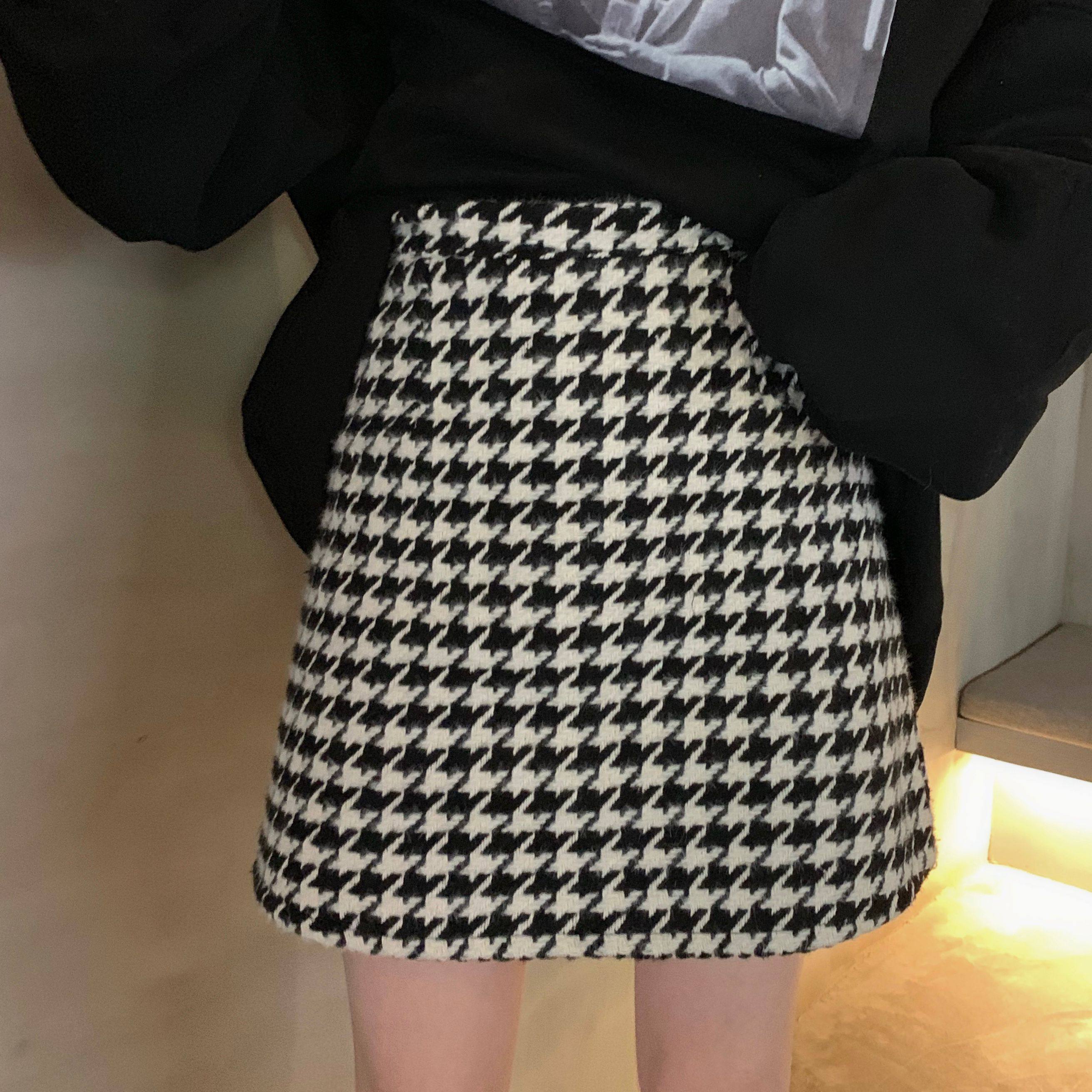 毛呢半身裙秋冬女复古千鸟格裙子高腰显瘦a字裙百搭包臀裙a型短裙