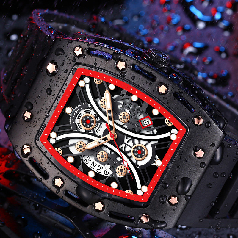 benken正品男士手表镂空夜光男款时尚运动手表男机械风防水石英表