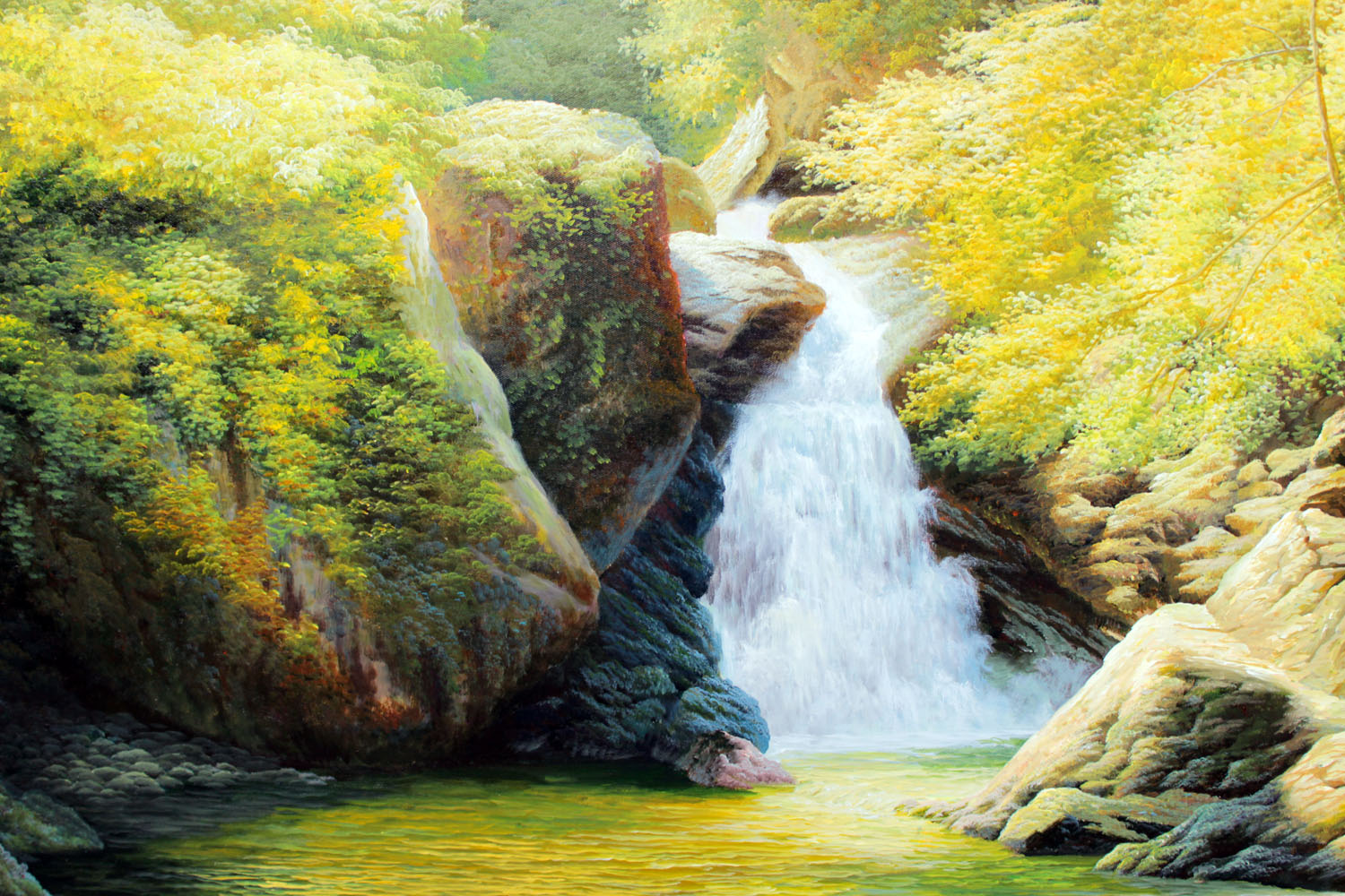 【白头山出品】朝鲜名家 英桂《瀑布》丙烯画 海外直供