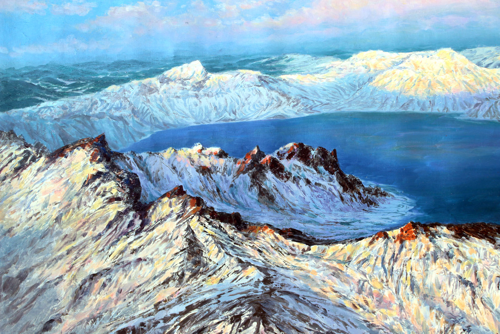 朝鲜名家油画金英男《白头山天池》油画海外直供【白头山出品】