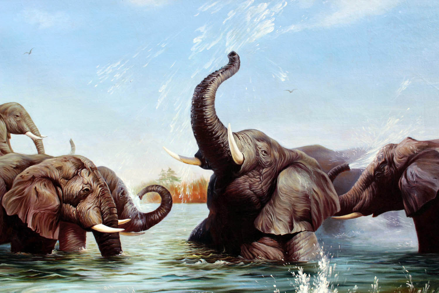 秦正革《大象戏水》朝鲜名家油画力作【白头山出品】