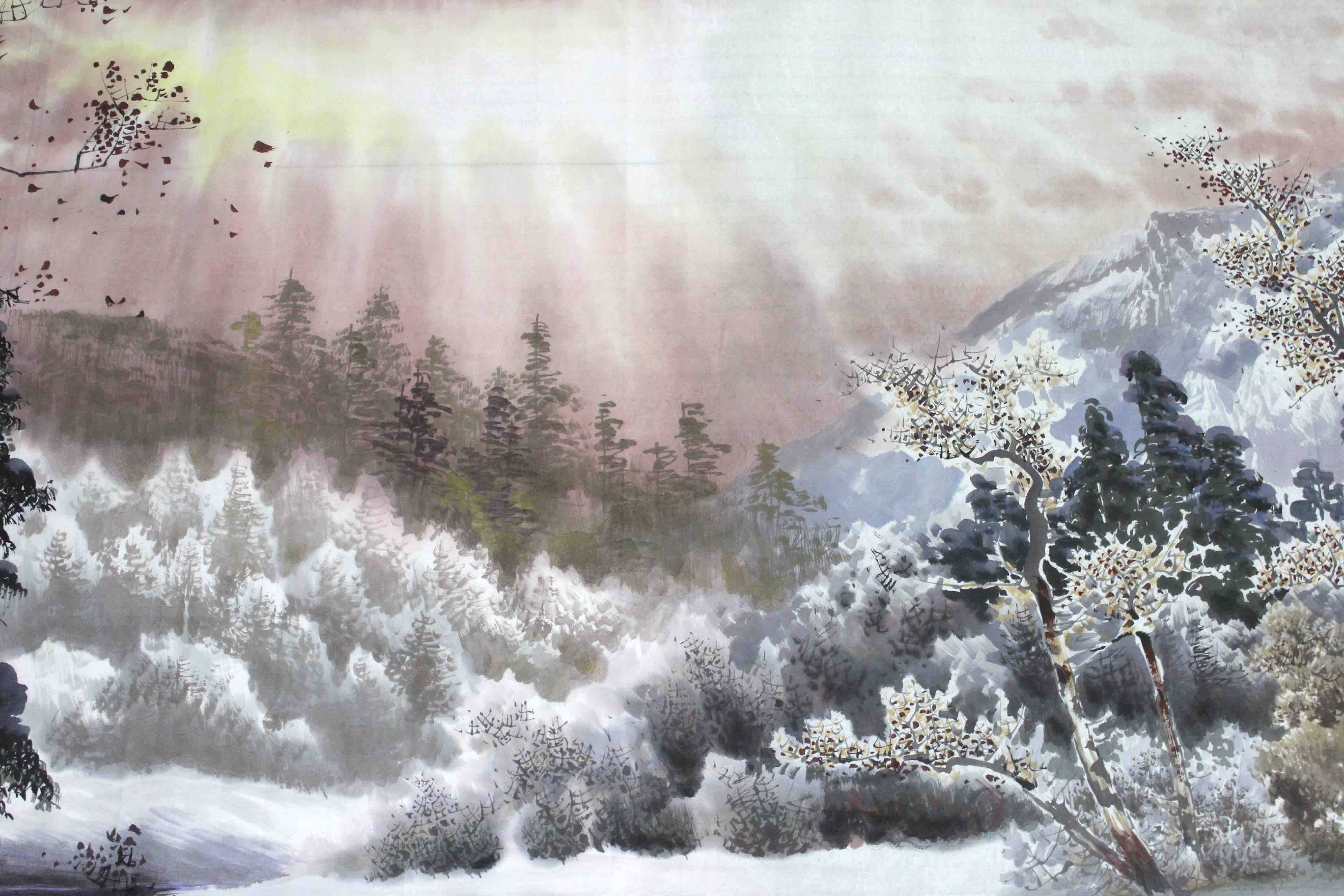 大尺幅 朝鲜名家国画 李光 一级画家《北方高原的冬天》朝鲜国画