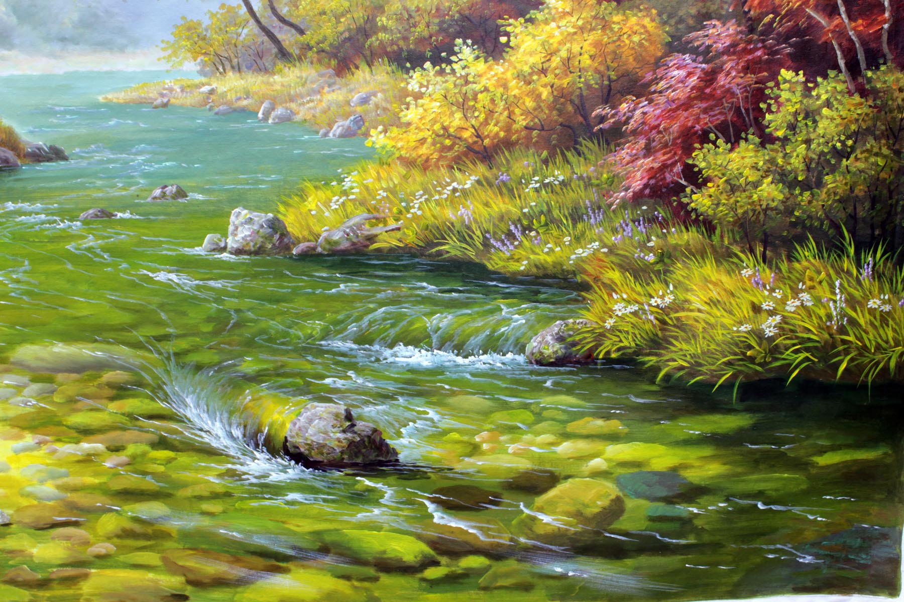 大尺幅 朝鲜名家油画 李成民 《秋天的溪涧》一级画家 丙烯画