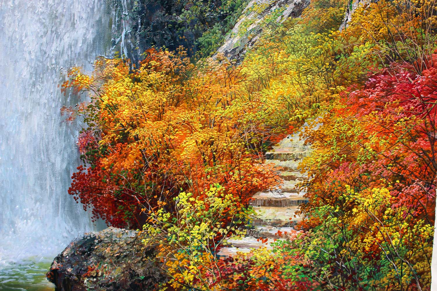 朝鲜功勋艺术家 江银周 丙烯画《瀑布》【白头山出品】