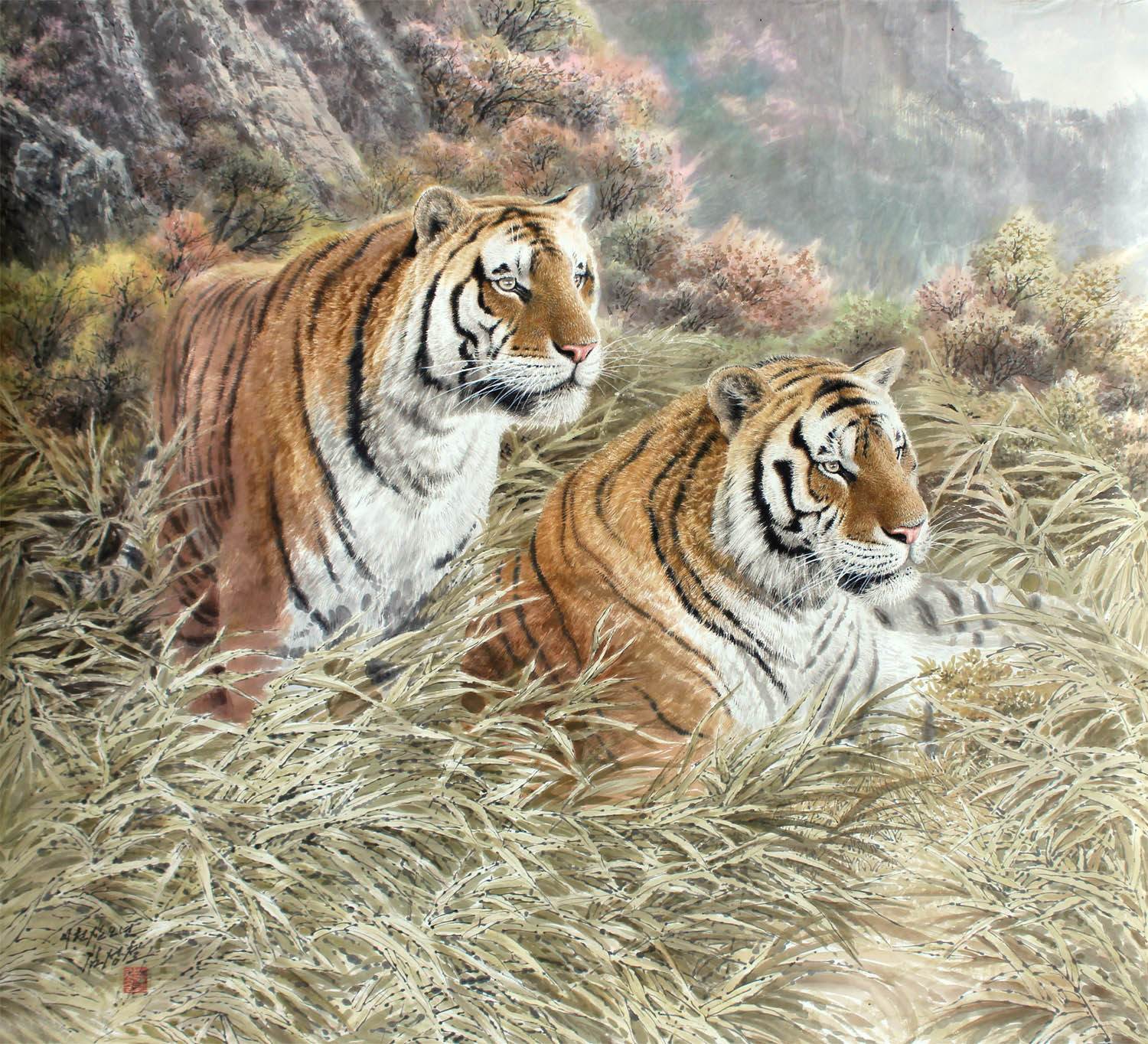 金成哲《双虎》朝鲜国画【白头山出品】