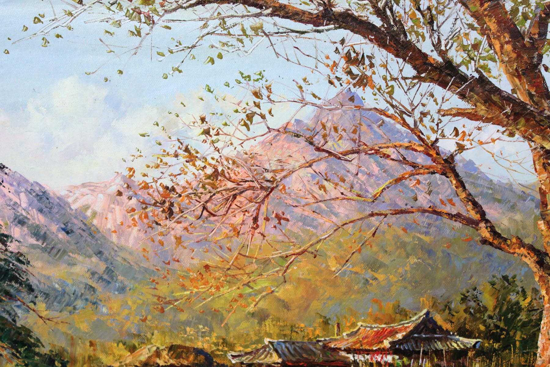 朝鲜名家油画 崔星浩《农村秋天风景》一级画家油画