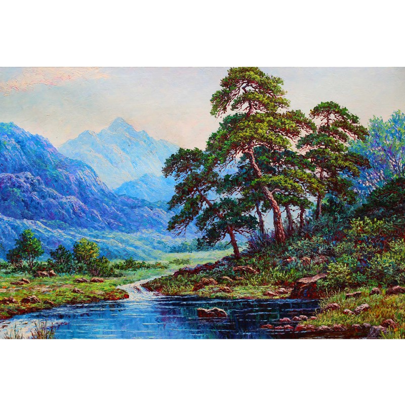 万寿台画家李明星《溪涧的松树》朝鲜名家油画力作【白头山出品】