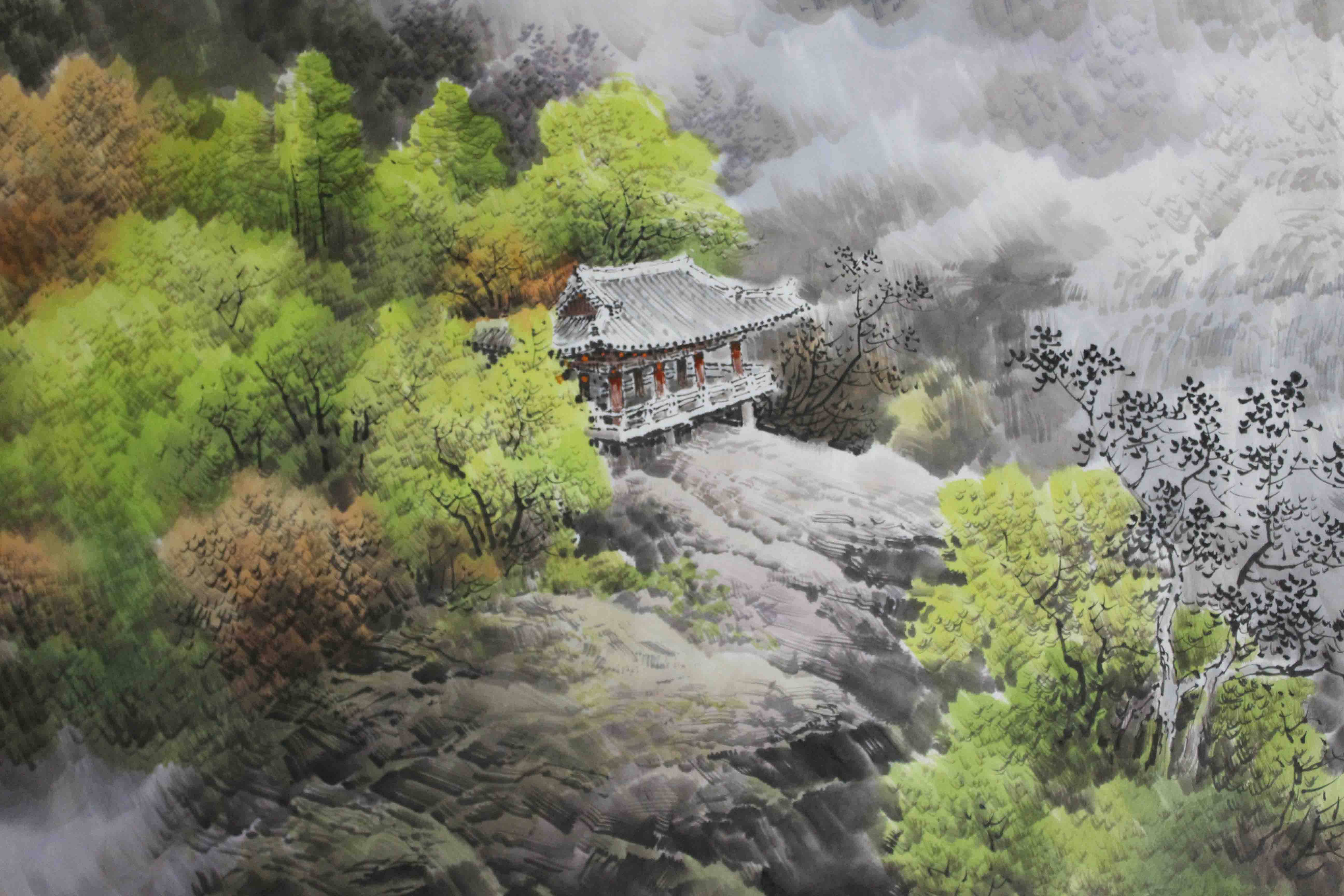 大尺幅 朝鲜名家国画 朴革 一级画家《长寿山的秋天》朝鲜国画