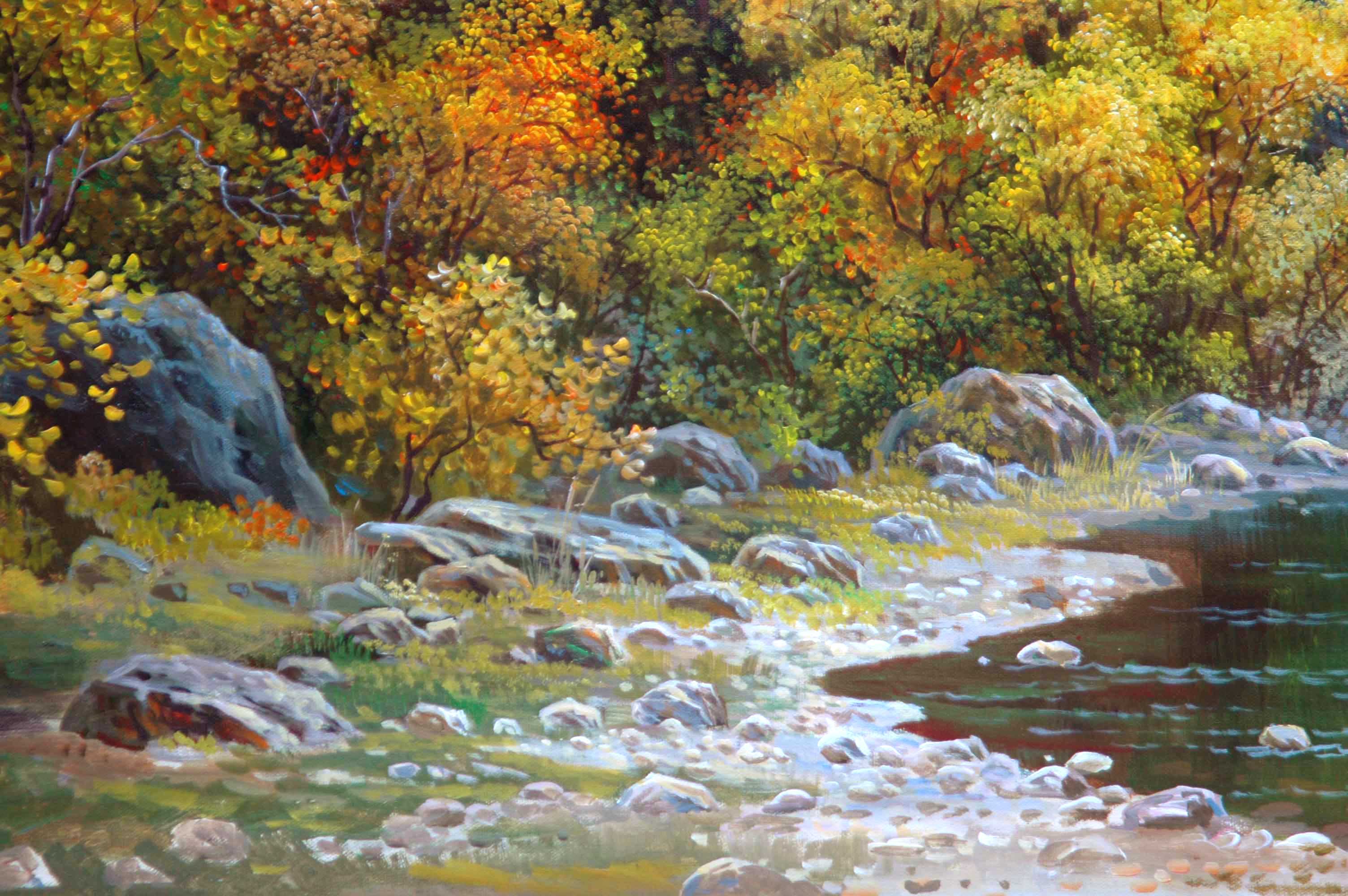 朝鲜名家丙烯画 曹清明 《新平的秋天》朝鲜一级画家丙烯画