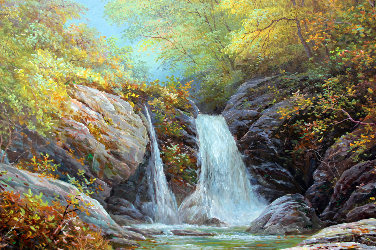 朝鲜名家 南国明《瀑布》丙烯画 海外直供 【白头山出品】