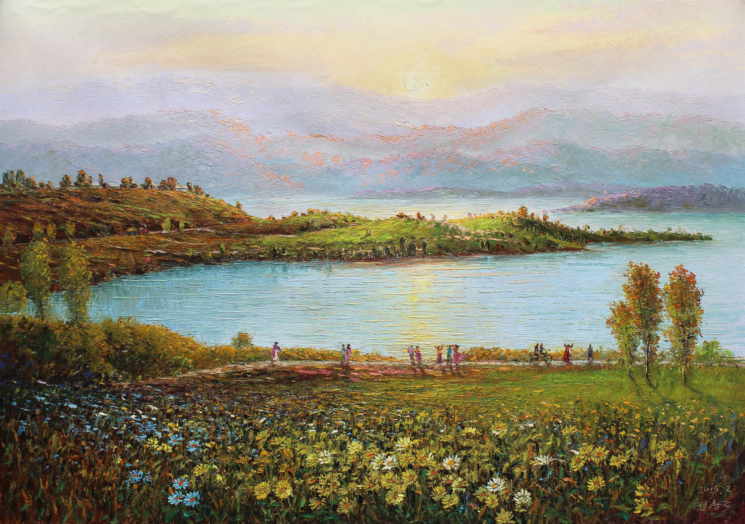 白虎创作社 金昌国《湖边》朝鲜名家油画【白头山出品】