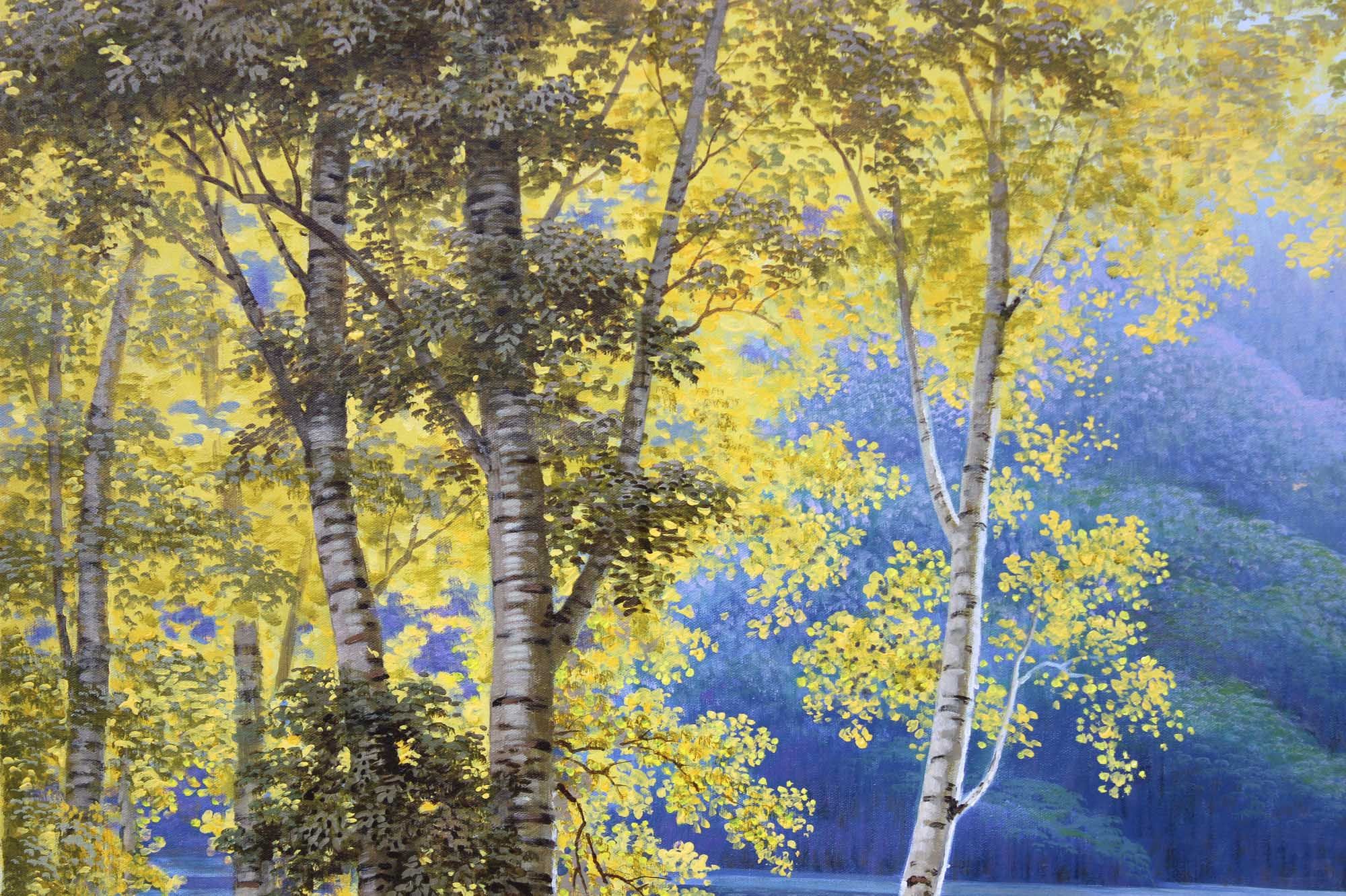 朝鲜名家 申革 《白桦风景》一级画家 风景丙烯画 白头山出品