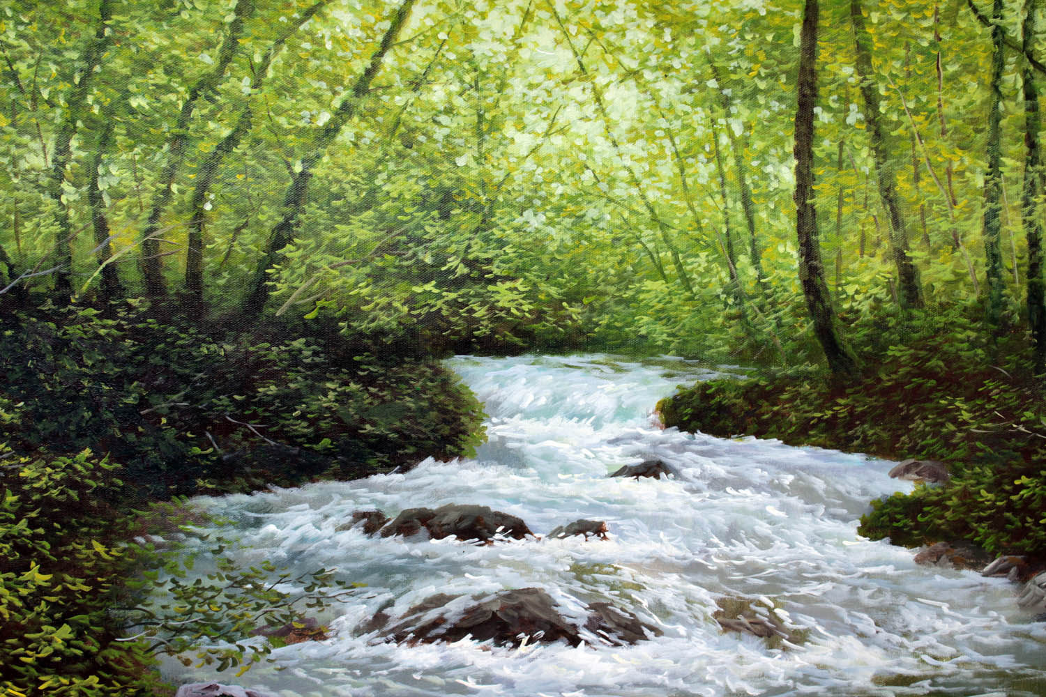 朝鲜名家 金明圭《山沟水》丙烯画 白头山出品