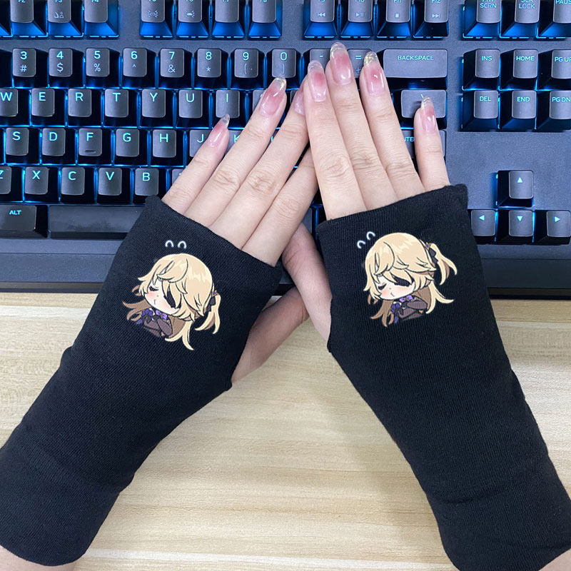 原神表情包周边手套烟绯钟离动漫男女秋冬二次元骑行写字露指保暖