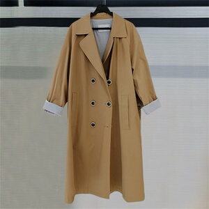 新颖哥弟特官网正品女装2021春秋卡其色双排扣中长款印花风衣外套