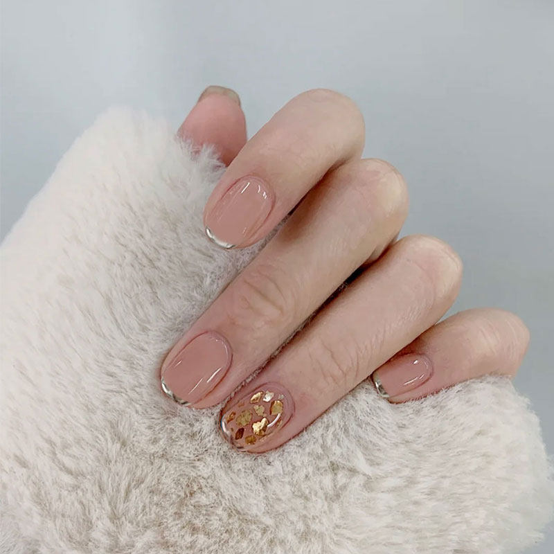 法式银边香槟金云母片光疗美甲成品穿戴可拆卸网红同款假指甲贴片