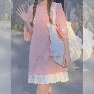 女童粉色纯棉短袖t恤套装2024夏装新款中大童连衣裙洋气时髦裙子