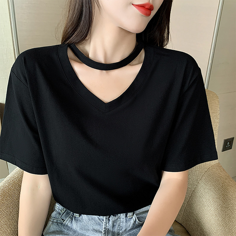 镂空挂脖黑色v领t恤女2022年春装新款韩版宽松纯色短袖学生上衣潮