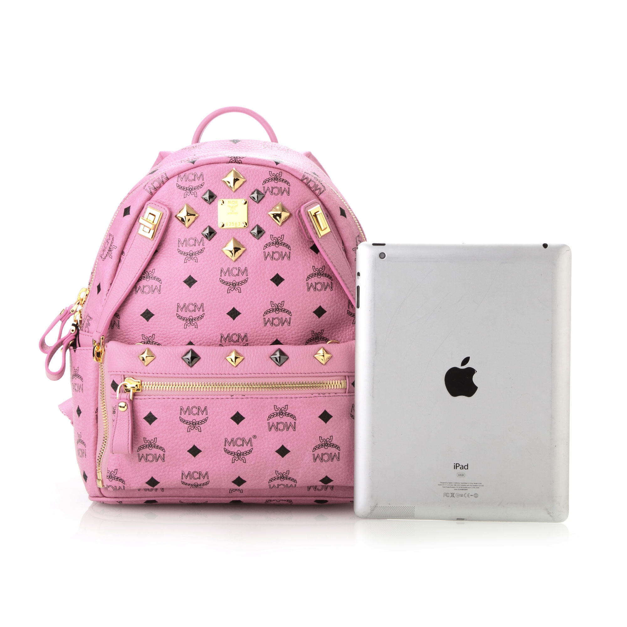 mcm粉色印花铆钉点缀多功能双肩包(小号)