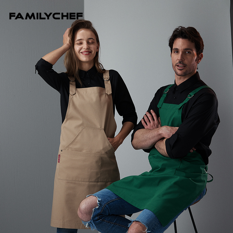 FamilyChef背带式韩版时尚围裙成人厨房家用工作服防污棉布围裙