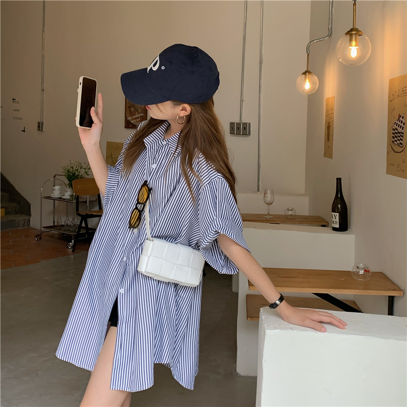 实拍实价 三标齐  oversized显瘦条纹衬衫裙中长款连衣裙