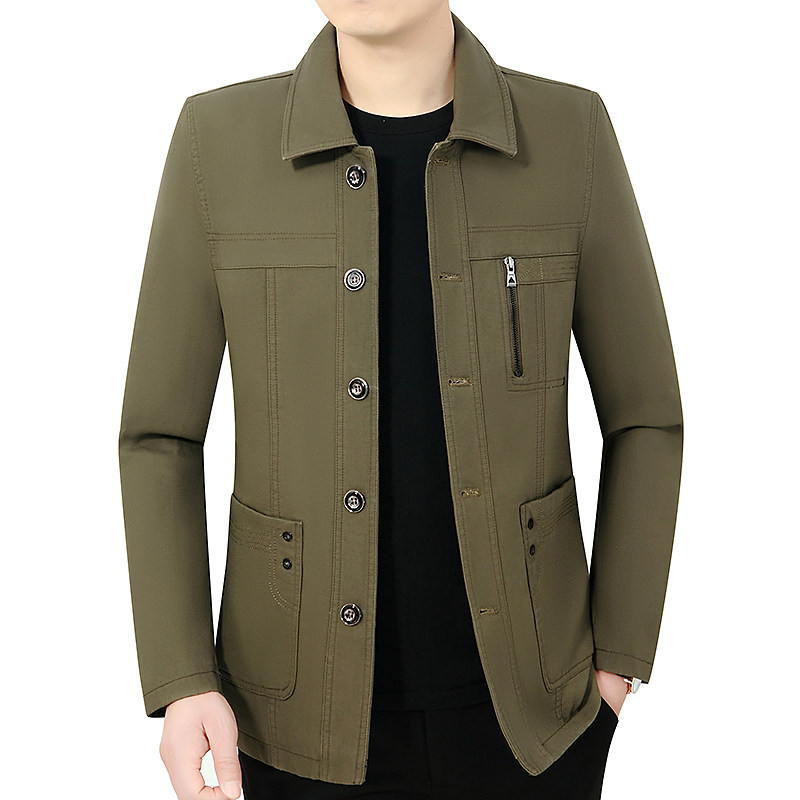 春秋季中老年男夹克上衣爸爸装薄款秋装纽扣翻领男装全棉休闲外套