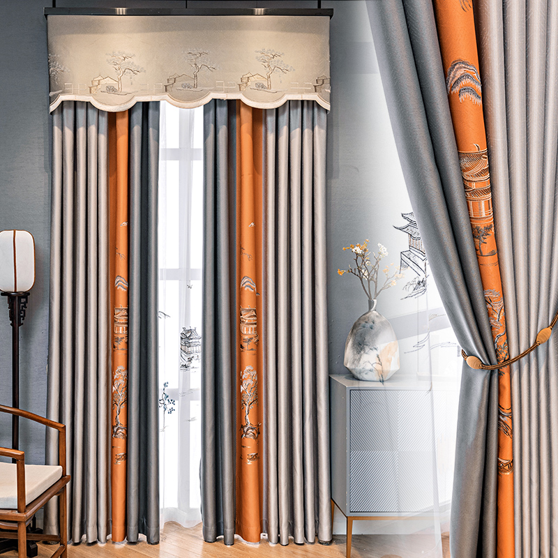 别墅中式窗帘客厅镂空绣花加厚雪尼尔渐变窗纱豪华成品定已售1新品