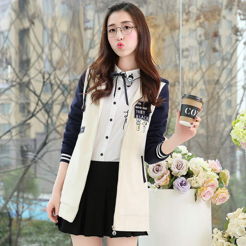 芭拉谷2017少女中长款连帽卫衣高中学生秋装韩版外套女绣花棒球服