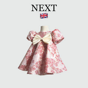 英国NEXT女宝宝泡泡袖连衣裙周岁生日礼服写真女童印花缎面公主裙