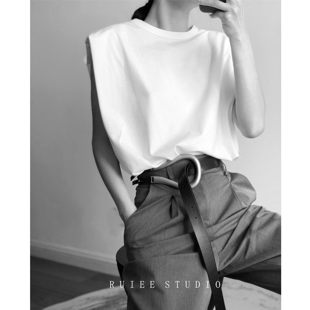 夏季时髦圆领垫肩无袖t恤背心百搭宽松黑白上衣显瘦ins潮 - ruiee