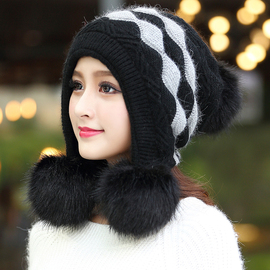 帽子女秋冬天韩版双层加厚针织毛线帽学生可爱冬季护耳保暖兔毛帽
