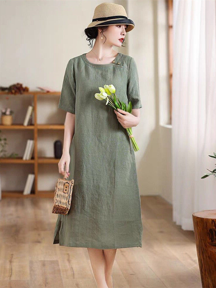 民族风棉麻连衣裙女夏季薄款高端小个子旗袍改良中年妈妈亚麻裙子