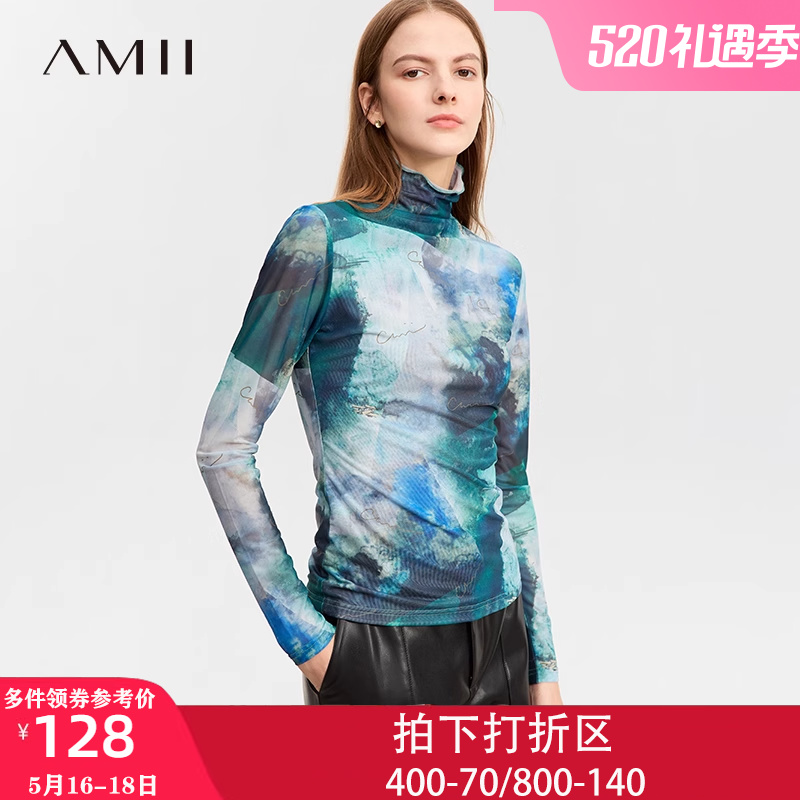 Amii中国风网纱T恤女2023新款秋季修身保暖打底衫半高领上衣长袖