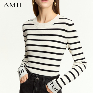 Amii黑白条纹毛衣女2024春季新款修身内搭针织打底衫长袖羊毛上衣