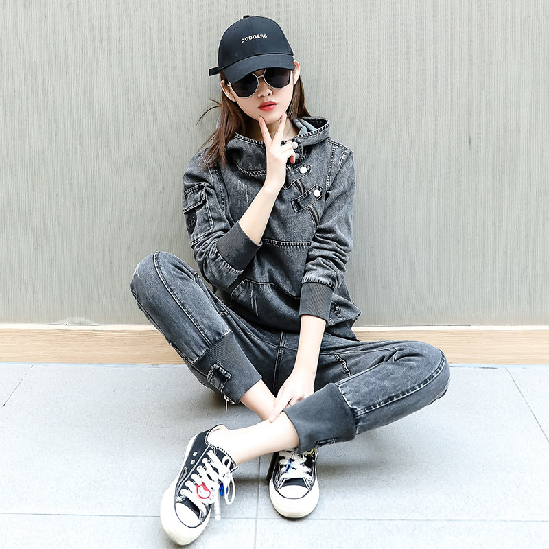 2020年新款牛仔套装女休闲运动时尚洋气宽松卫衣两件套春秋装潮牌