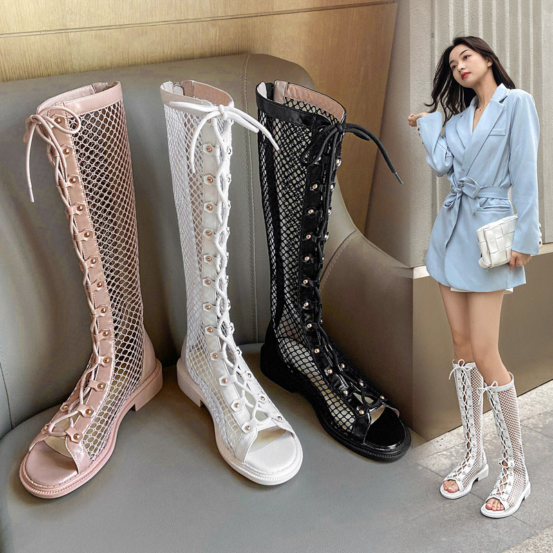 哆丽特女鞋旗舰店的优惠券大全—夏季长靴子女新款透气镂空网纱靴系带