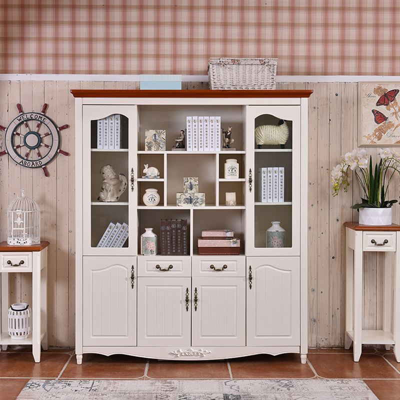 地中海书柜玻璃门美式书房柜现代简约立柜储物柜带门客厅实木书橱